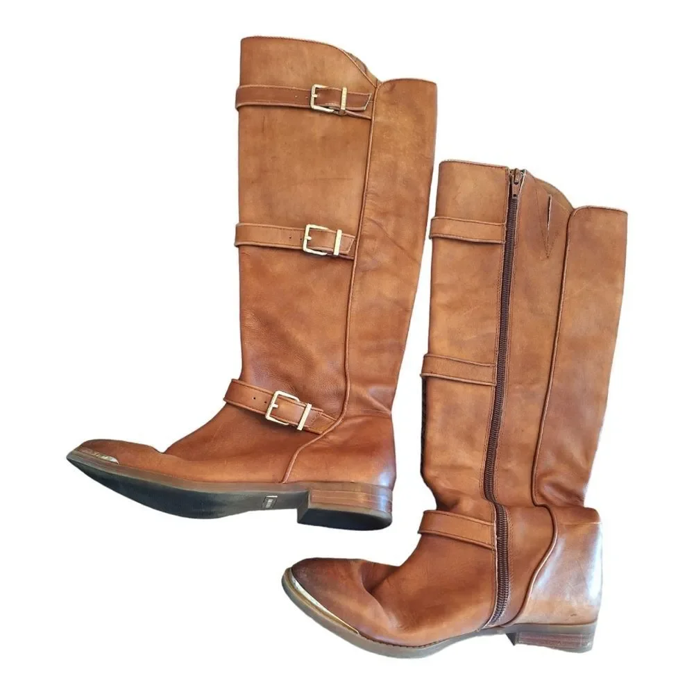 Gianni Bini Leather Knee High Riding Boots Cognac Brown Gold Buckles women's 6M